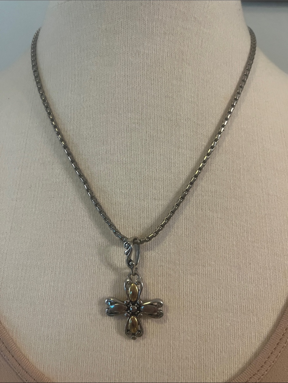 Silver and Gold-tone Cross Pendant Necklace with Black Etching